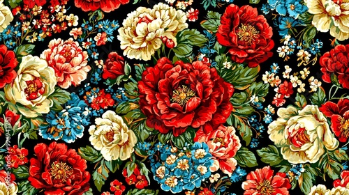 The seamless vibrant floral pattern on a dark background is of a realistic style. This is a generated AI.