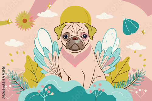 Whimsical Pug with Angel Wings Illustration on Pastel Background