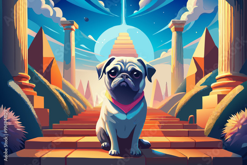 Majestic Pug on Ancient Temple Stairs Under Moonlight