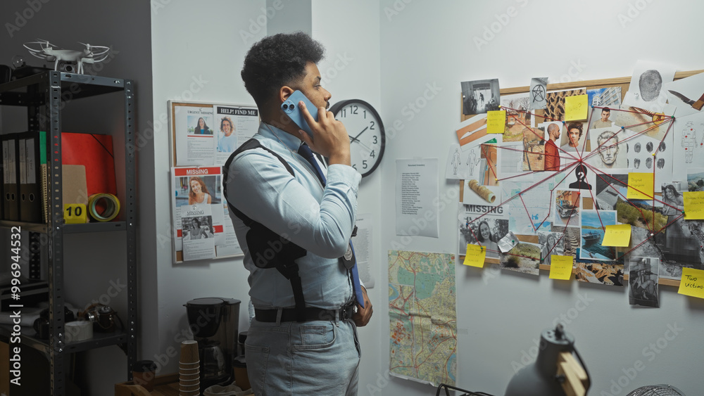 African american detective man in a police station office with evidence board and map while talking on a smartphone. African american detective man in a police station office with evidence board and map while talking on a smartphone.