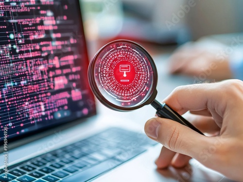 An attention warning symbol appears in the magnifying glass lens of a businessman holding a computer in a dark room. The red triangle icon, hacked system error and malware warning are all displayed