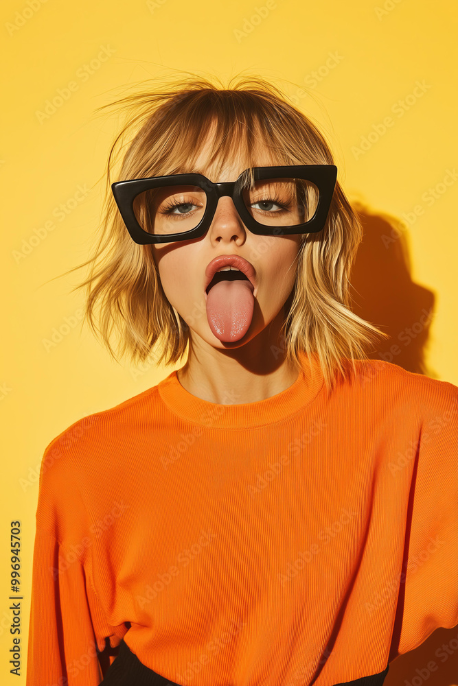 model wearing thick black glasses and sticking out her tongue. The girl has blonde, shoulder-length hair. The photo has a white background and a yellow color filter. The girl wears an orange top model wearing thick black glasses and sticking out her tongue. The girl has blonde, shoulder-length hair. The photo has a white background and a yellow color filter. The girl wears an orange top
