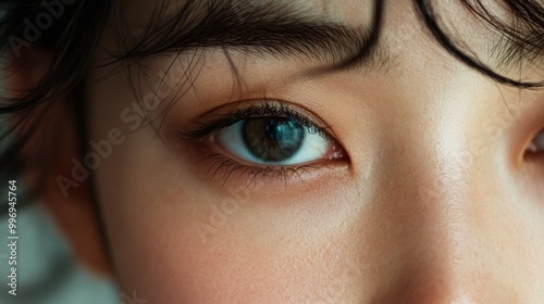 A Korean woman’s face is shown in an extreme closeup, emphasizing her radiant skin texture and expressive eyes. The natural lighting enhances her features beautifully