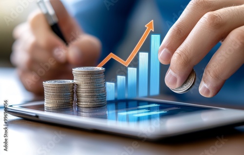 Interest rate increase concept, percentage commission credit. Growing up stock risk management. Bank price raise policy. Businessman with coin, calculate high percentage of company profit dividends.