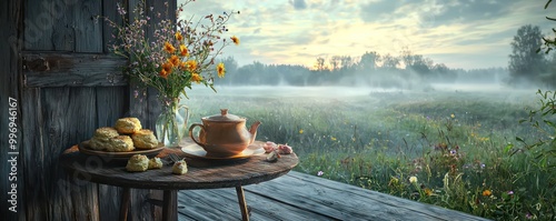 An early morning scene on a farmhouse veranda, with a small table set with a pot of tea, fresh scones, and a vase of wildflowers, overlooking the misty fields