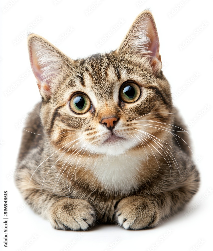 On a white background, a toyger cat sits and looks up On a white background, a toyger cat sits and looks up