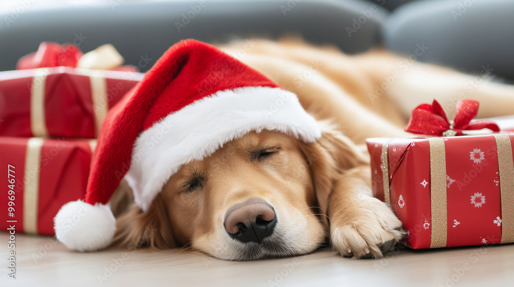Adorable golden retriever sleeping in Santa hat next to pile of Christmas gifts
Adorable golden retriever sleeping in Santa hat next to pile of Christmas gifts