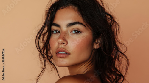 Portrait of a woman with natural beauty against a warm, peach-colored background highlighting her features in soft light