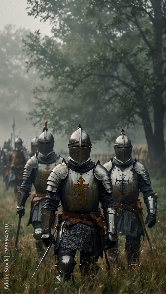 Knights in armor preparing for battle on a misty field. Knights in armor preparing for battle on a misty field.