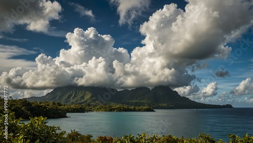 Kosrae Islands landscape with clouds on an autumn day.