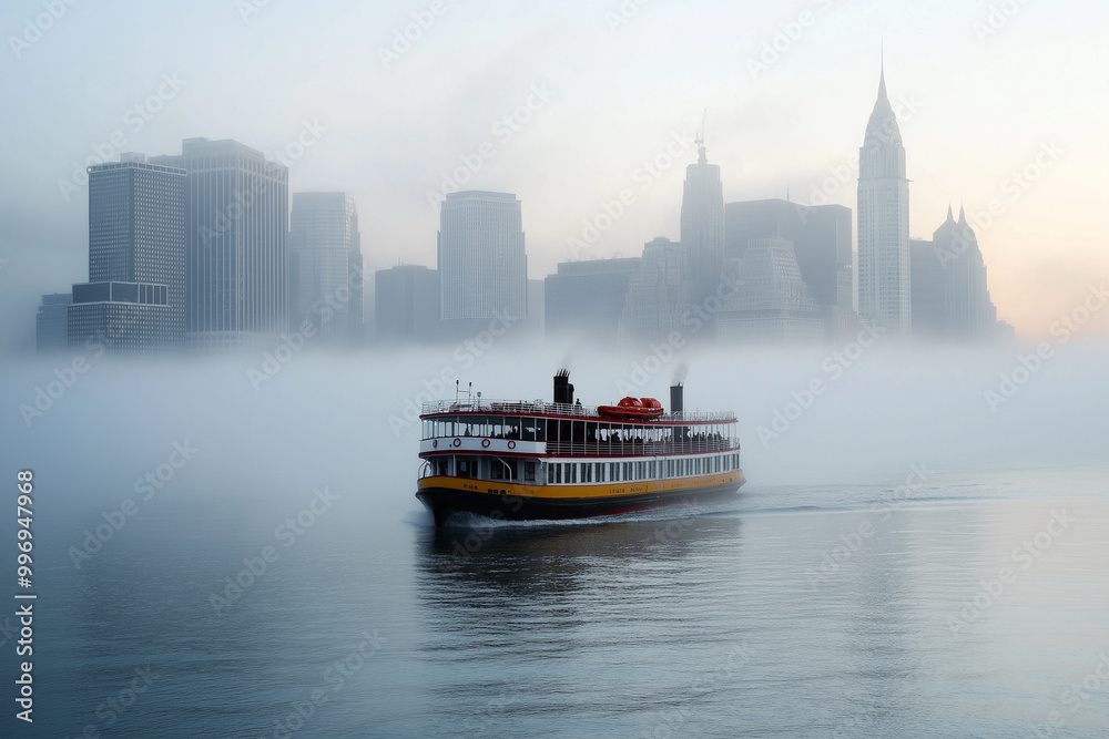 Naklejka premium Urban Ferry: A Boat Crossing a Foggy Harbor, Skyscrapers Looming in the Background, a City Commute