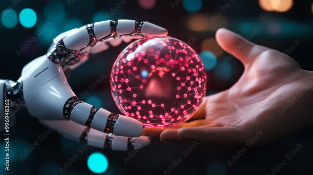 A robotic hand and a human hand holding a glowing brain inside a crystal sphere, illustrating the connection between technology and human intellect A robotic hand and a human hand holding a glowing brain inside a crystal sphere, illustrating the connection between technology and human intellect