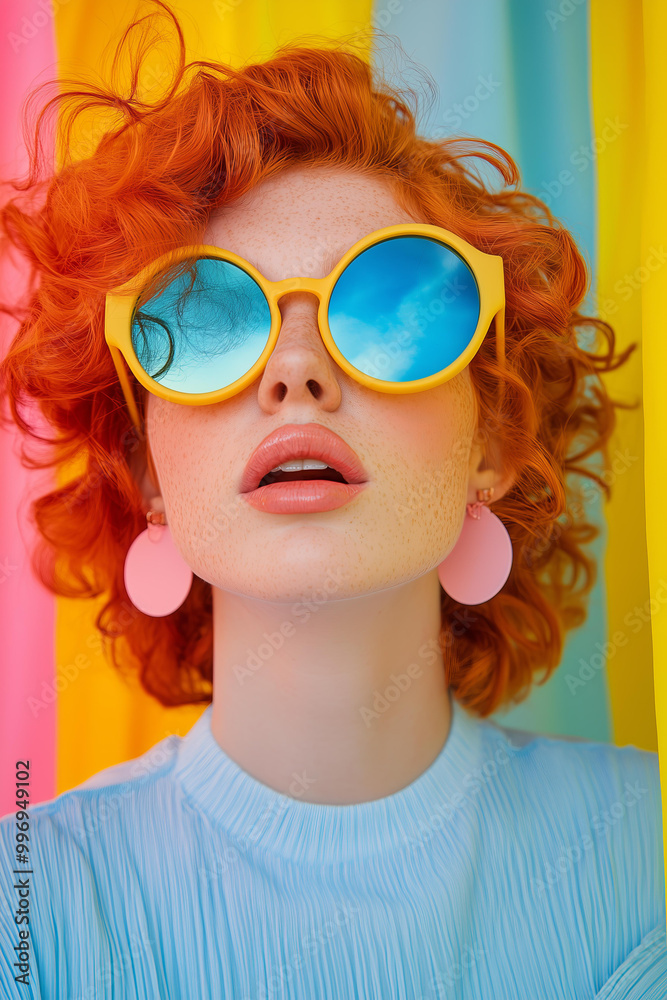 vibrant and playful fashion photoshoot featuring a red-haired model wearing colorful , blue sunglasses with yellow frames, pink earrings, and posing against an abstract background vibrant and playful fashion photoshoot featuring a red-haired model wearing colorful , blue sunglasses with yellow frames, pink earrings, and posing against an abstract background
