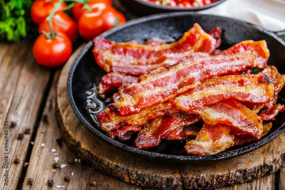 A wooden table with delicious bacon slices and products A wooden table with delicious bacon slices and products
