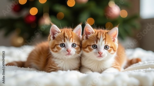 A little kitten sleeps on a blanket under a Christmas tree