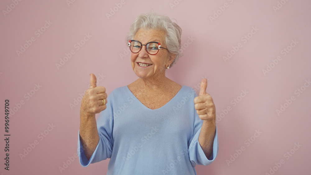 A cheerful elderly woman with grey hair gives thumbs up in front of a pink background, expressing positivity and happiness. A cheerful elderly woman with grey hair gives thumbs up in front of a pink background, expressing positivity and happiness.