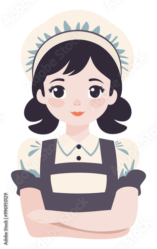 Cute young milkmaid in apron and hat