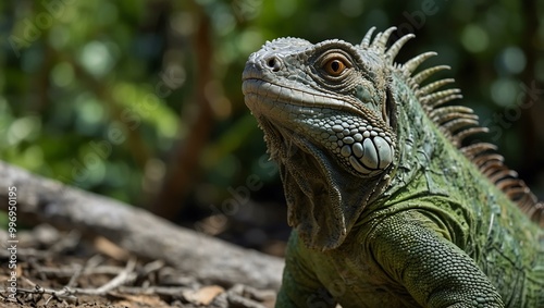 Large green iguana in its environment.