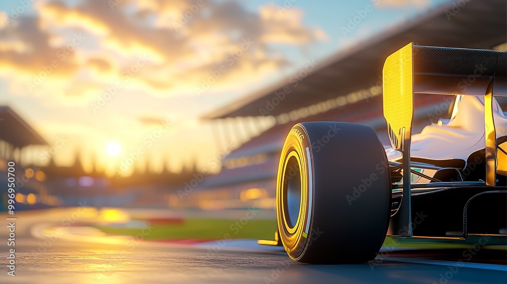 FP1 racing car on track at sunset at sunset, back view. Racing car on track during F1 Grand Prix or Qualification. Formula 1 Grand Prix, world championship, qualification broadcast. FP1 racing car on track at sunset at sunset, back view. Racing car on track during F1 Grand Prix or Qualification. Formula 1 Grand Prix, world championship, qualification broadcast.