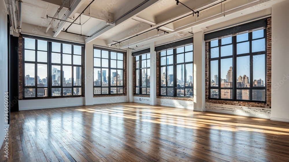 An expansive loft conversion featuring open space, high ceilings, wooden floors, and large, factory-style windows with city views An expansive loft conversion featuring open space, high ceilings, wooden floors, and large, factory-style windows with city views