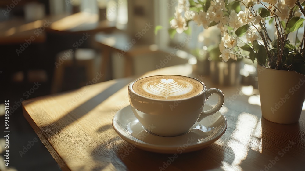 Obraz premium A warm cup of coffee with latte art on a wooden table beside a flower arrangement.
