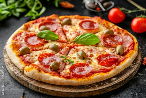 A delicious pepperoni pizza topped with cherry tomatoes, black olives, and basil leaves.