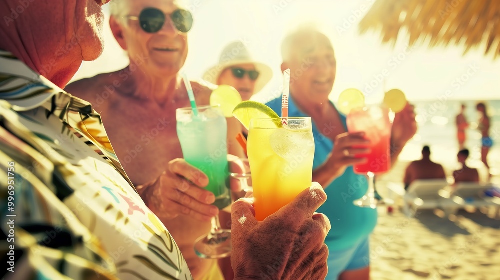 Fototapeta premium Senior Beach Party with Refreshing Cocktails - Summer Fun and Relaxation for Older Adults