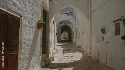 Canvastavla Narrow stone-paved alley in ostuni, puglia, italy, featuring whitewashed buildings and arched passageways under the bright sun