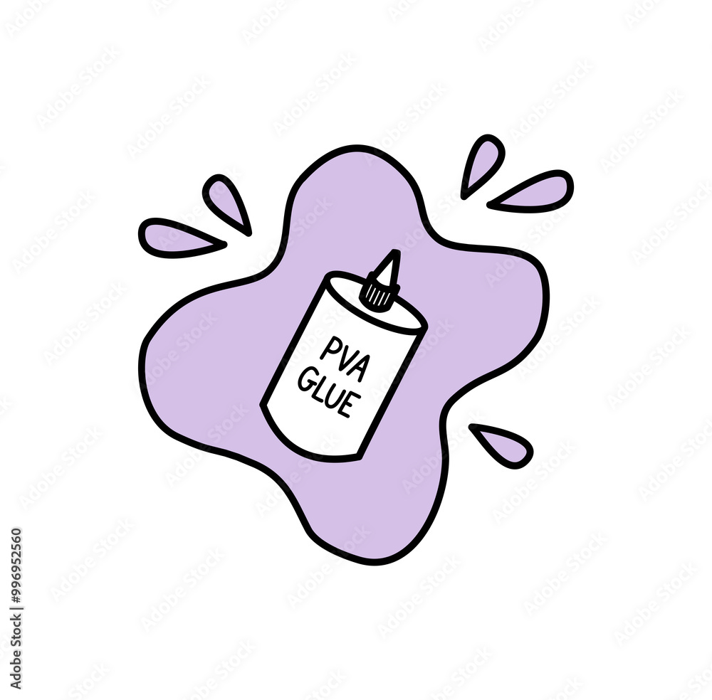 Illustration of PVA glue art supplies with paint splat behind, matching craft materials graphics icon elements Illustration of PVA glue art supplies with paint splat behind, matching craft materials graphics icon elements