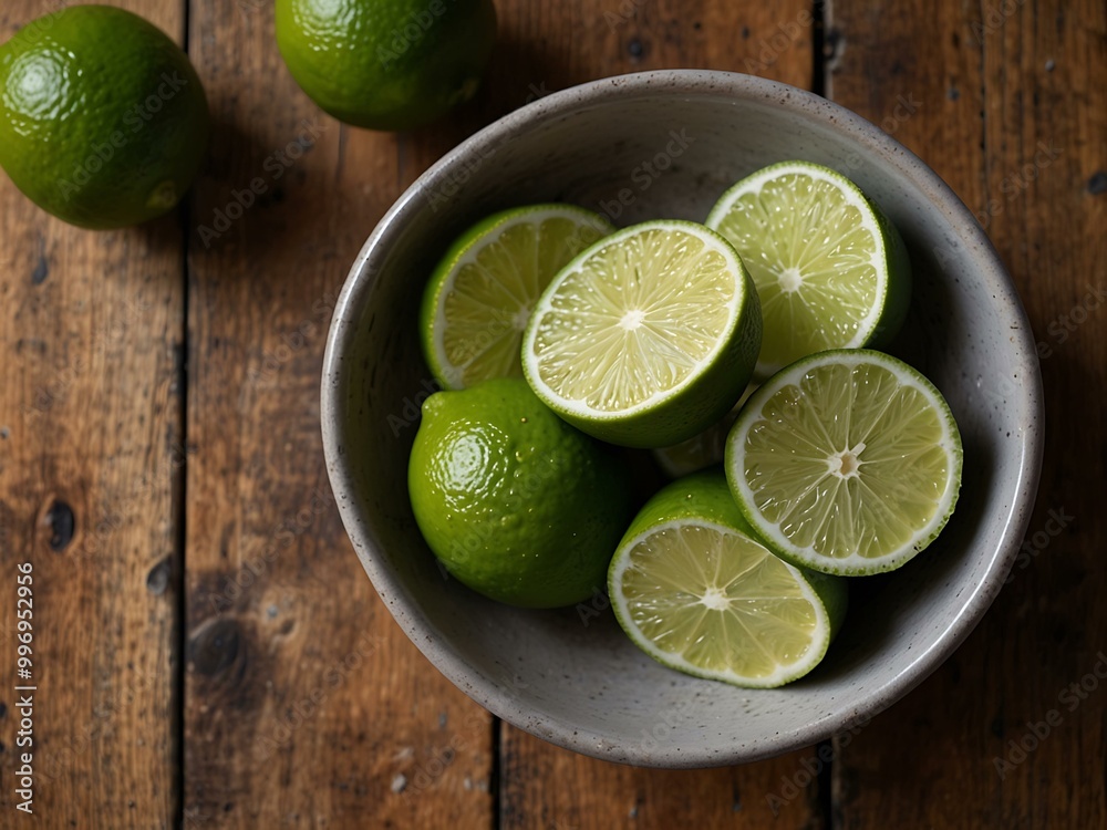 Lime slices in a bowl viewed from above on a wooden table.