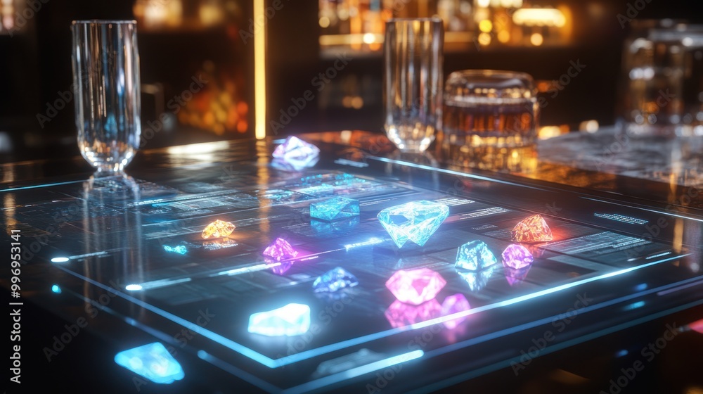 A futuristic tabletop displaying colorful, glowing gemstones in a bar setting. A futuristic tabletop displaying colorful, glowing gemstones in a bar setting.