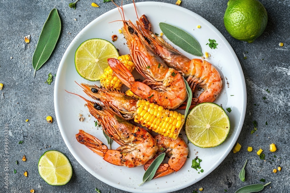 Grilled shrimps and corn garnished with lime and sage leaves. Prawns on white plate. View from above, top studio shot - generative ai Grilled shrimps and corn garnished with lime and sage leaves. Prawns on white plate. View from above, top studio shot - generative ai