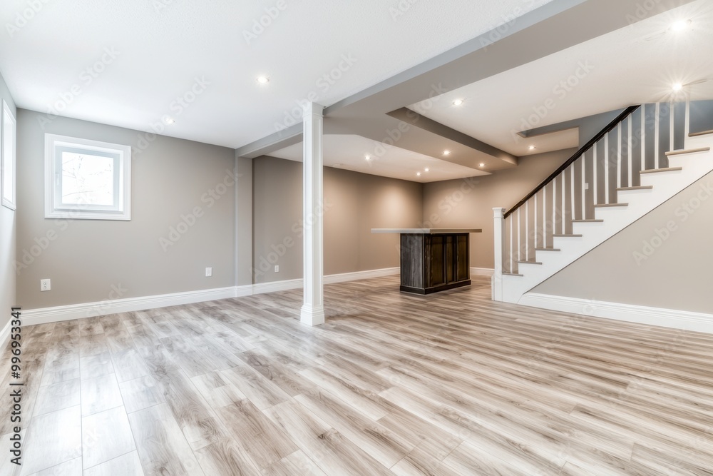 This bright, modern basement renovation features a gorgeous staircase and a white countertop that is perfect for gatherings This bright, modern basement renovation features a gorgeous staircase and a white countertop that is perfect for gatherings