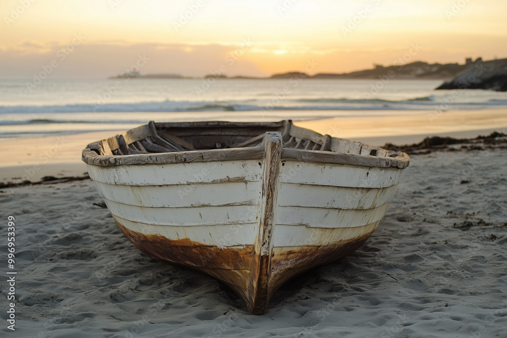 Coastal Nostalgia: A Weathered Wooden Fishing Boat Docked on a Sandy Beach, a Relic of Simpler Times