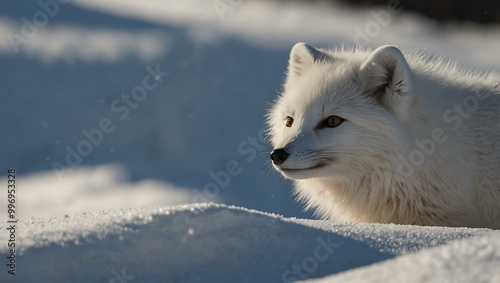 Little white arctic fox peeking through clean snow.