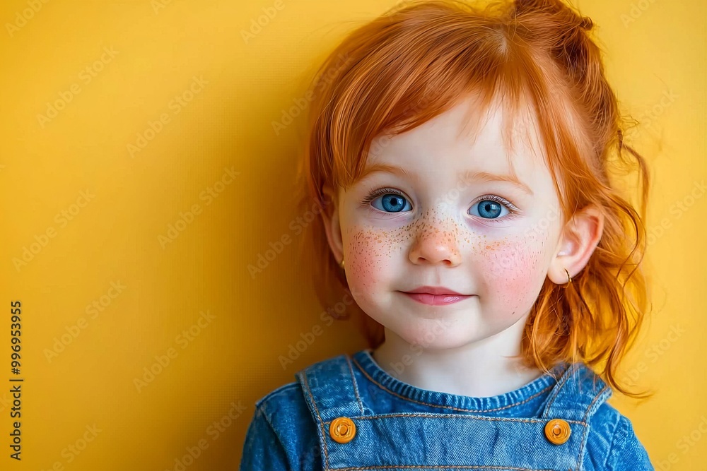 In front of a yellow background, a cheerful girl in red hair smiles In front of a yellow background, a cheerful girl in red hair smiles