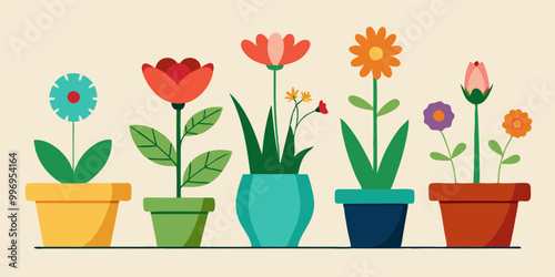 set of Illustration of various kinds of flowers in pots