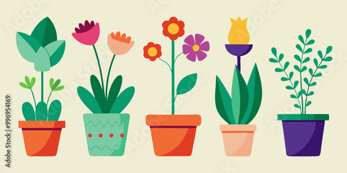 set of Illustration of various kinds of flowers in pots