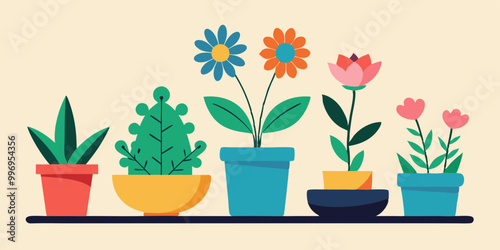 set of Illustration of various kinds of flowers in pots