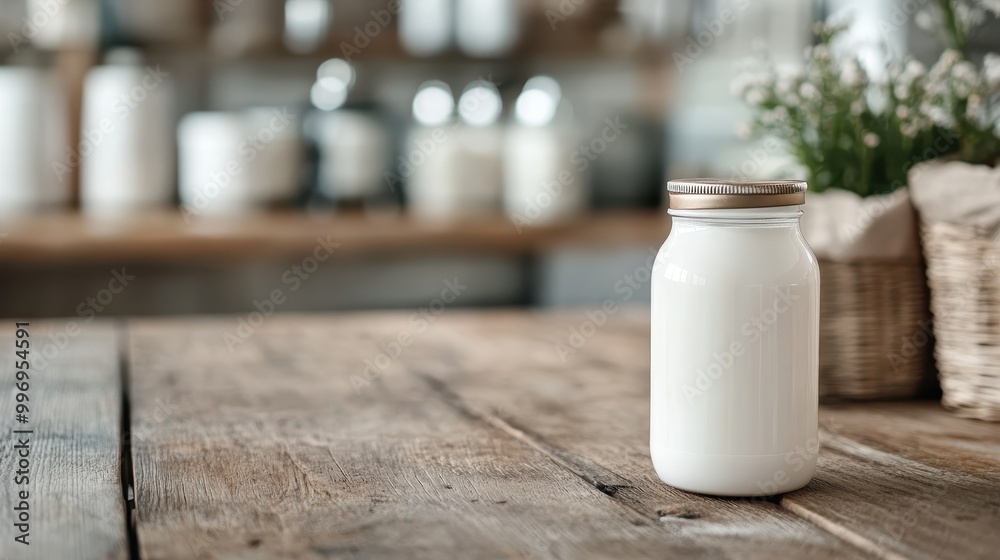 A neat glass jar filled with milk and sealed with a metallic lid placed on a rustic wooden table set within a cozy kitchen environment with blurred elements, symbolizing purity. A neat glass jar filled with milk and sealed with a metallic lid placed on a rustic wooden table set within a cozy kitchen environment with blurred elements, symbolizing purity.