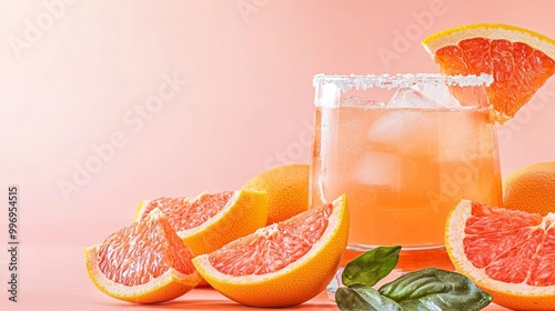 A Paloma cocktail with a salted rim and grapefruit slice, displayed against a pastel-colored background photo