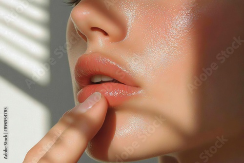 An image of a young woman removing red sunburnt skin on a gray background, close-up