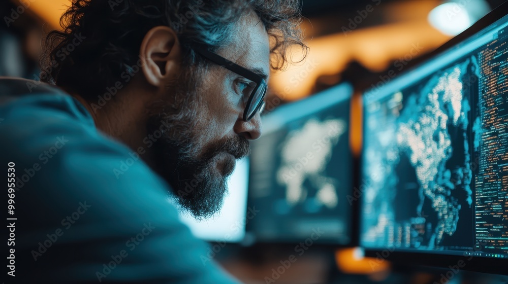 An individual is working diligently on a computer with multiple screens displaying data, showing dedication and intense concentration in a modern workspace. An individual is working diligently on a computer with multiple screens displaying data, showing dedication and intense concentration in a modern workspace.