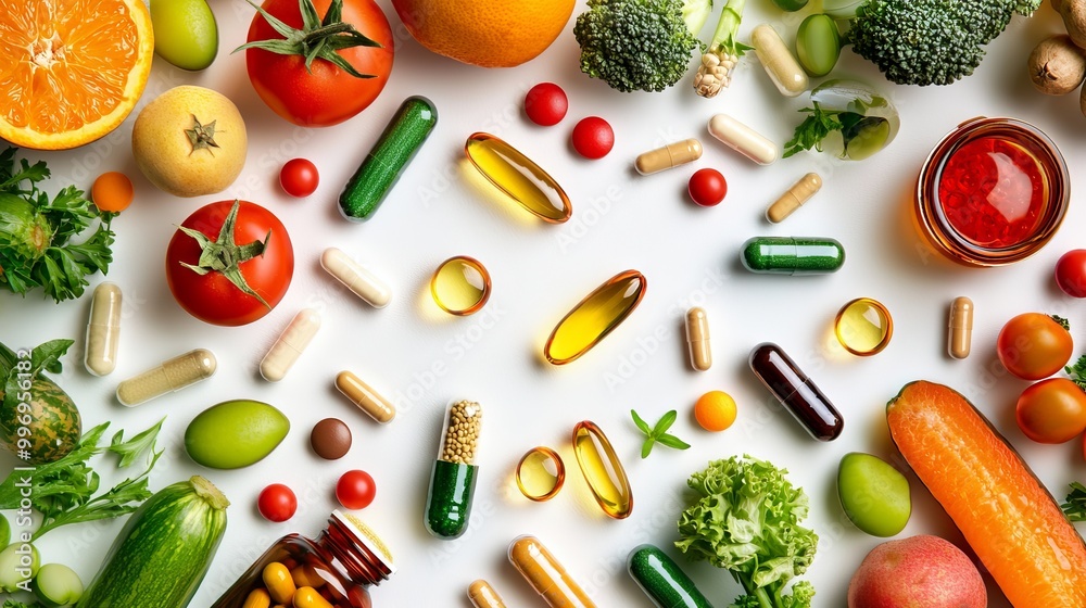 Displayed beautifully on a white surface, a variety of nutritious foods and supplements represent wellness and nutrition. Displayed beautifully on a white surface, a variety of nutritious foods and supplements represent wellness and nutrition.