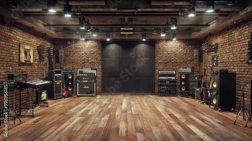 An industrial-style music studio with acoustically treated brick walls, wood panel flooring, and heavy metal hardware