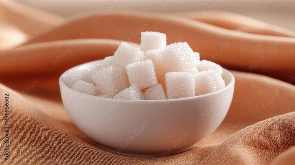 A white bowl overflowing with neatly stacked sugar cubes is placed on a soft orange fabric, creating a pleasing visual contrast and highlighting the simplicity of everyday items. A white bowl overflowing with neatly stacked sugar cubes is placed on a soft orange fabric, creating a pleasing visual contrast and highlighting the simplicity of everyday items.
