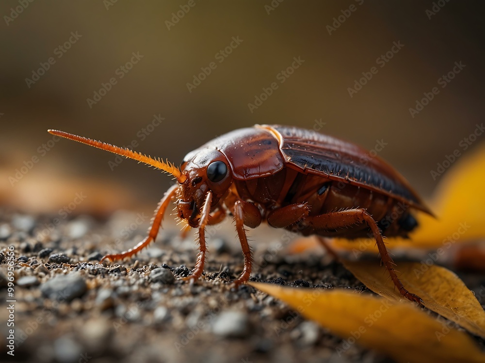 Macro shot of a red cockroach in autumn, addressing fall pests. Macro shot of a red cockroach in autumn, addressing fall pests.