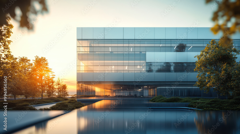 Obraz premium Golden sunset over modern building with reflective glass facade surrounded by autumn trees in a peaceful urban setting