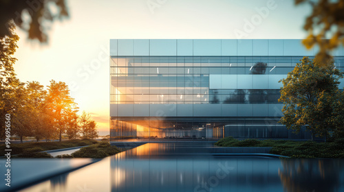 Golden sunset over modern building with reflective glass facade surrounded by autumn trees in a peaceful urban setting