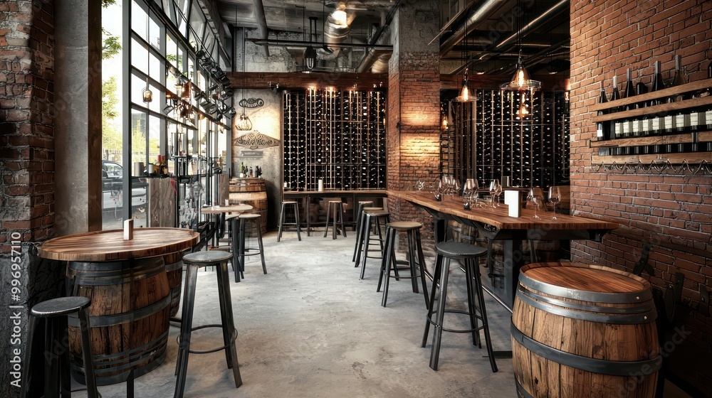 Naklejka premium An industrial-style wine bar with wooden barrel tables, metal stools, and brick walls lined with wine racks